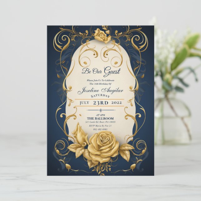 Beauté et la Bête Or Rose Sweet 16 Invitation (Debout devant)