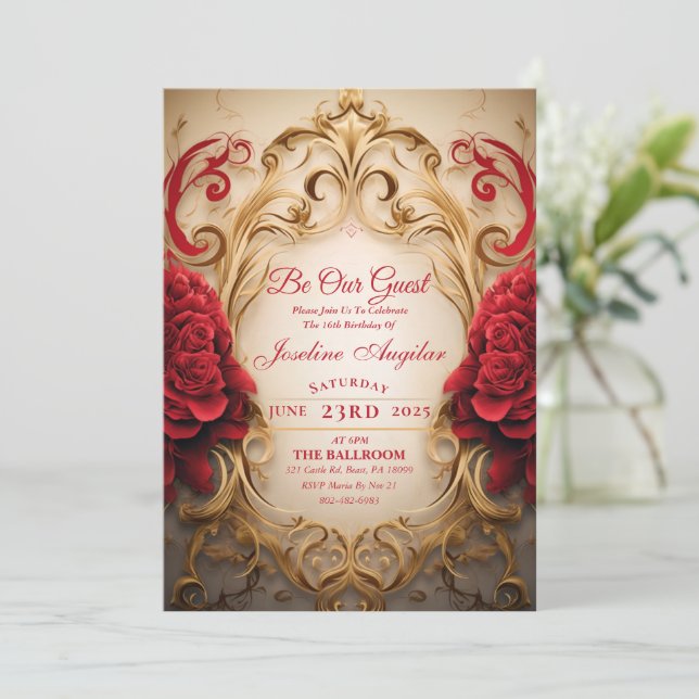 Beauté et la bête Rose Sweet 16 Invitation (Debout devant)
