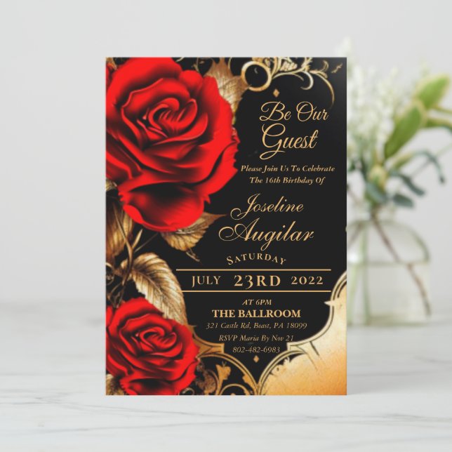 Beauté et la Bête Rouge Rose Sweet 16 Invitations (Debout devant)