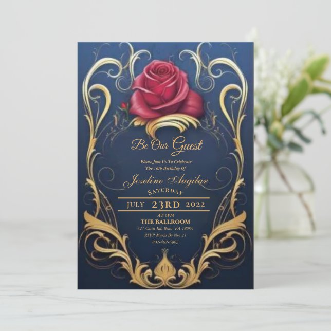 Beauté et la Bête Rouge Rose Sweet 16 Invitations (Debout devant)