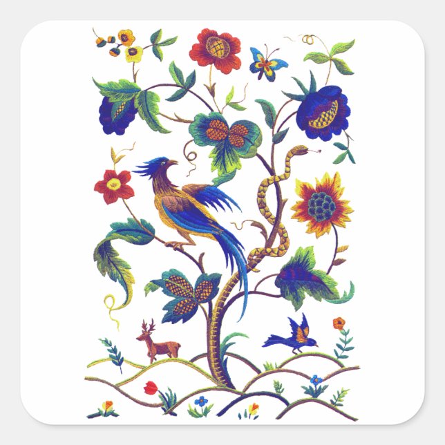 Beautful Jacobean Bird of Paradise Embroidery Square Sticker (Front)