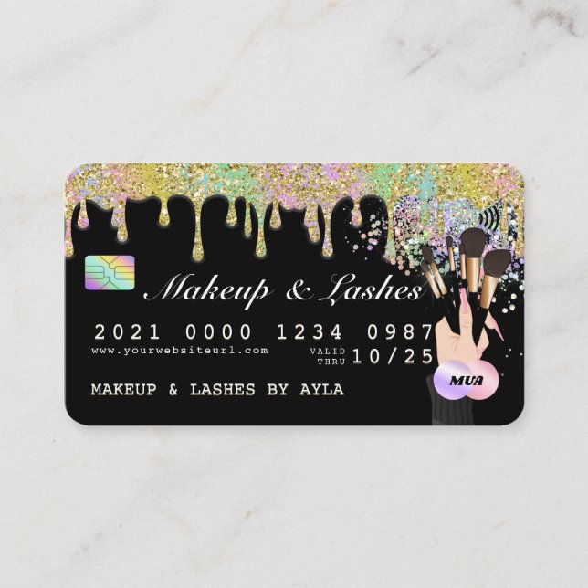 Beautician Glitter Drip Holographic MUA Credit Business Card (Front)