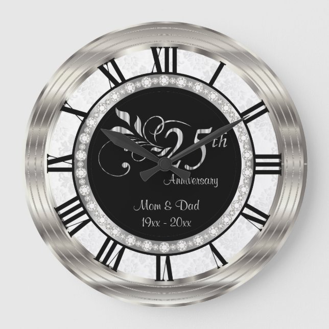 Beautiful 25th Silver Diamond Anniversary Large Clock (Front)