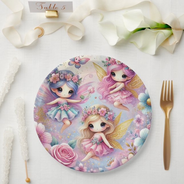 Beautiful 3Cute Colourful Dancing Floral Fairies Paper Plate (Wedding)