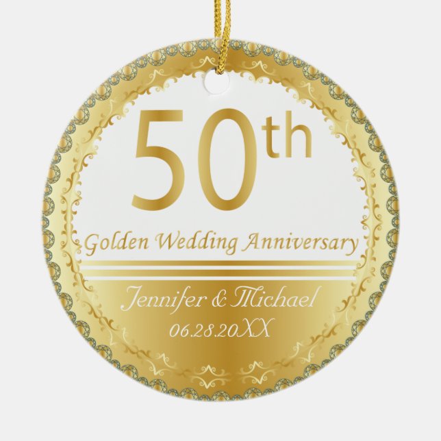 Beautiful 50th Golden Wedding Anniversary Ceramic Ornament (Front)