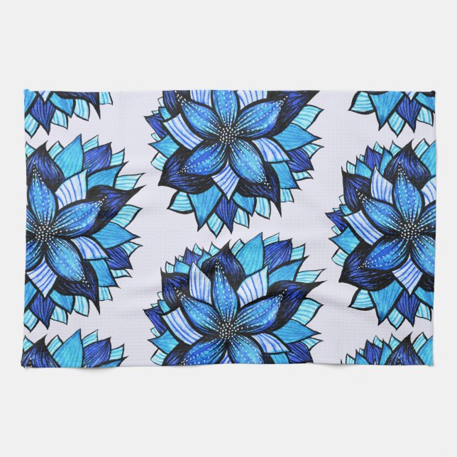 Beautiful Abstract Blue Flower Ink Drawing Pattern Kitchen Towel (Horizontal)