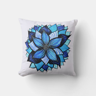 Beautiful Abstract Blue Flower Ink Drawing Throw Pillow