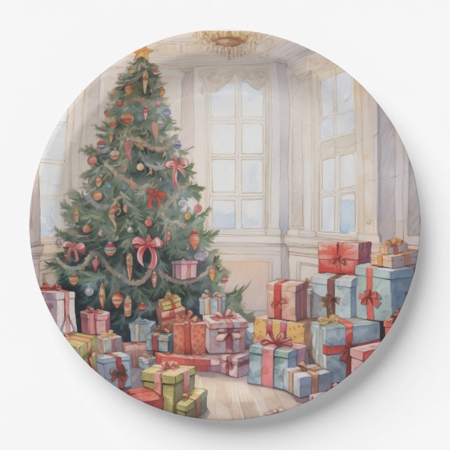 Beautiful Abstract Christmas Tree Stacks of Gifts Paper Plate (Front)