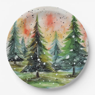Beautiful Abstract Christmas Trees Glowing Sky Paper Plate