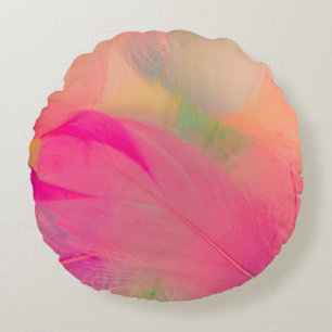 Beautiful abstract purple and blue feathers on whi round pillow