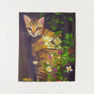 Beautiful Abyssinian Cat in a Midnight Garden   Tapestry