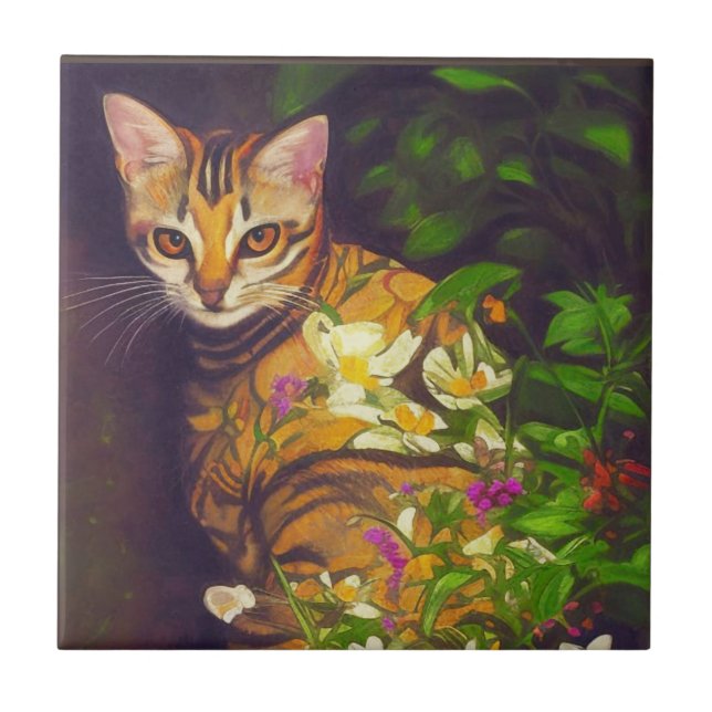 Beautiful Abyssinian Cat in a Midnight Garden Tile (Front)