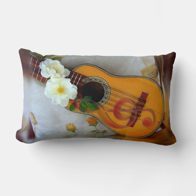 Beautiful acoustic guitar music note white linen lumbar pillow (Front)