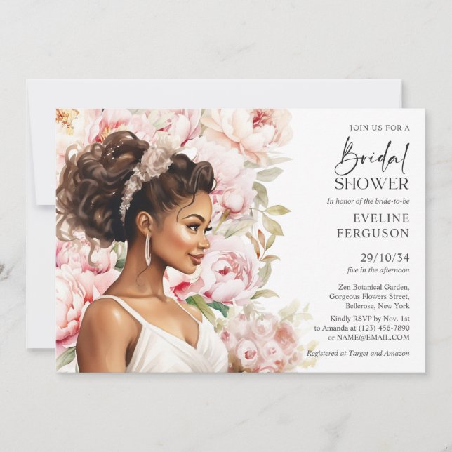 Beautiful African American Bride blush peonies Invitation (Front)