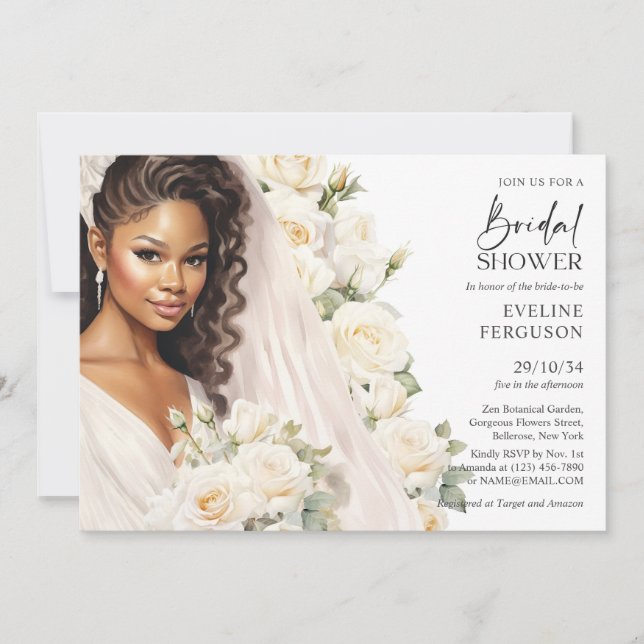 Beautiful African American Bride white roses boho Invitation (Front)