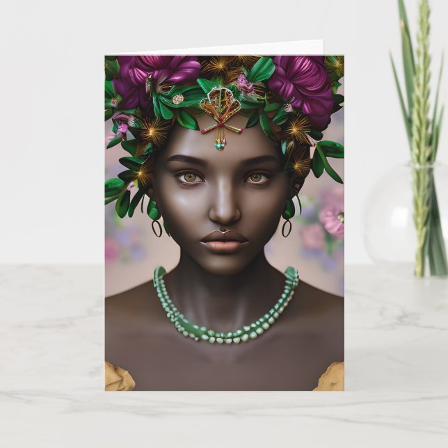 Beautiful African-American Woman with Flowers Card (Front)