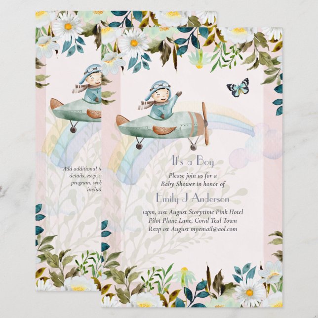 Beautiful Airplane Pilot Boys Baby Shower Invite (Front/Back)
