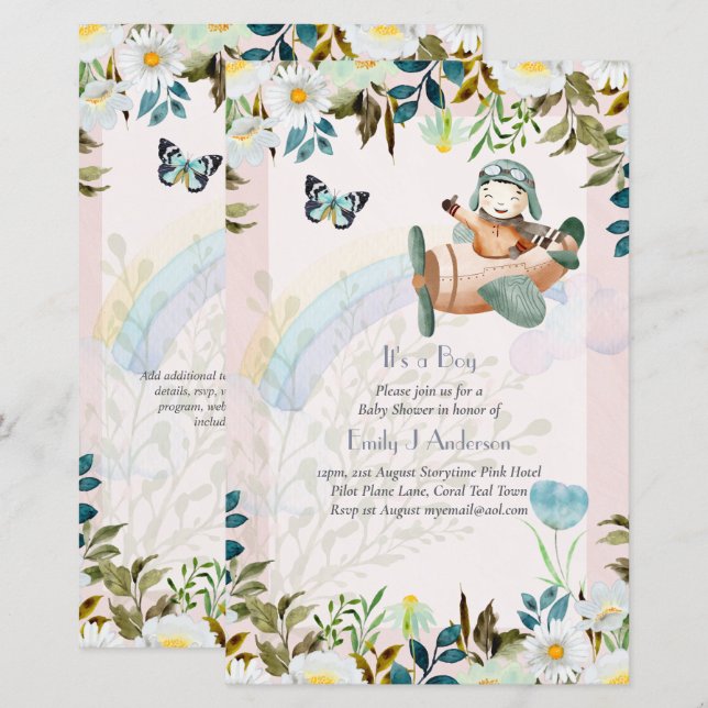 Beautiful Airplane Pilot Boys Baby Shower Invite (Front/Back)