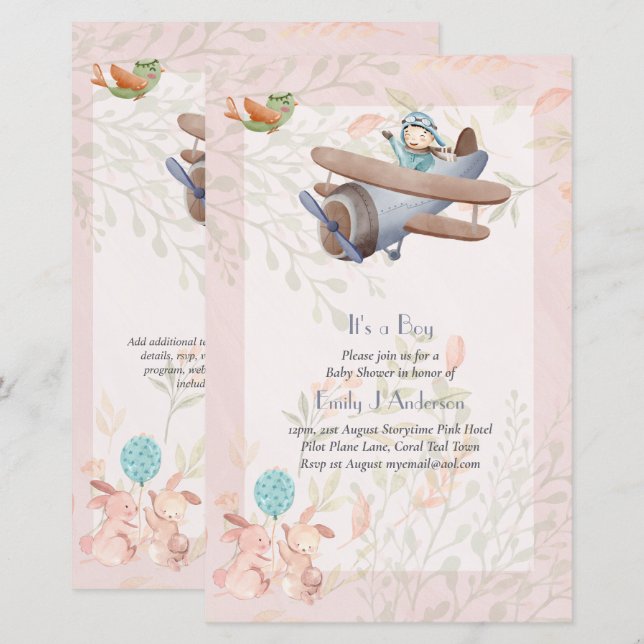 Beautiful Airplane Pilot Boys Baby Shower Invite (Front/Back)