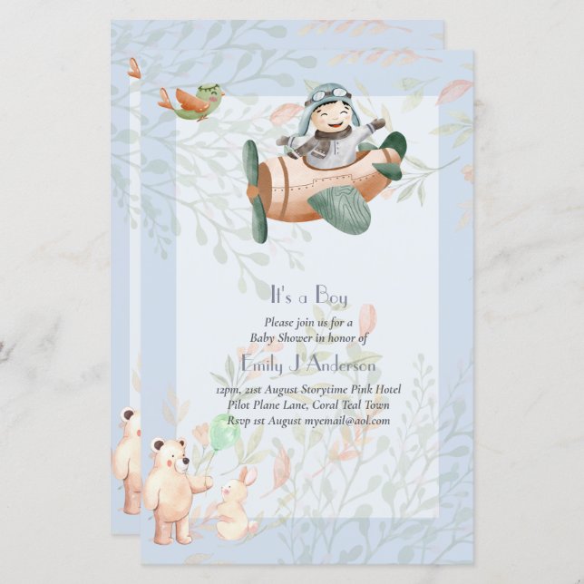 Beautiful Airplane Pilot Boys Baby Shower Invite (Front/Back)