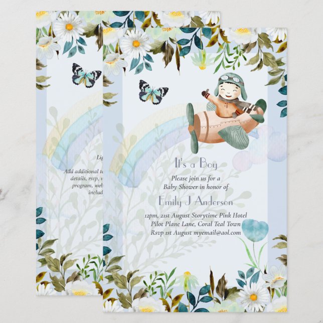 Beautiful Airplane Pilot Boys Baby Shower Invite (Front/Back)