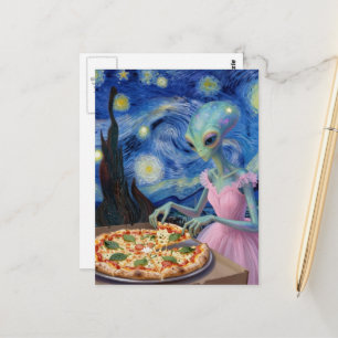  beautiful alien in a pink dress eats pizza postcard