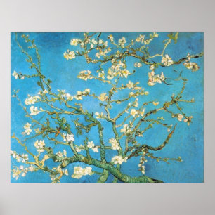 Beautiful almond blossom antique painting blue gre poster