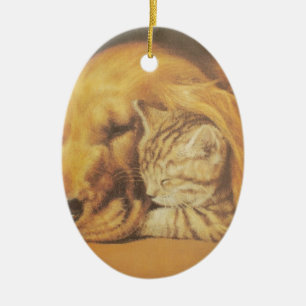 Beautiful Amazing Cat and Dog Cuddling Art Print Ceramic Ornament