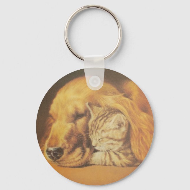 Beautiful Amazing Cat and Dog Cuddling Art Print Keychain (Front)