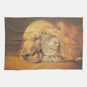 Beautiful Amazing Cat and Dog Cuddling Art Print Kitchen Towel