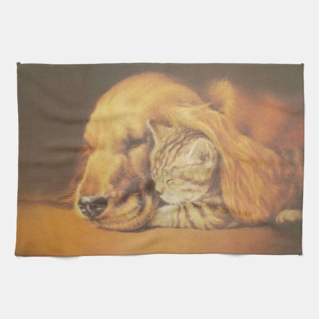Beautiful Amazing Cat and Dog Cuddling Art Print Kitchen Towel (Horizontal)