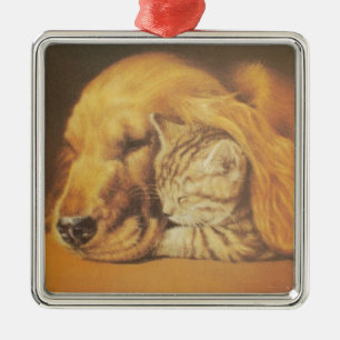 Beautiful Amazing Cat and Dog Cuddling Art Print Metal Ornament