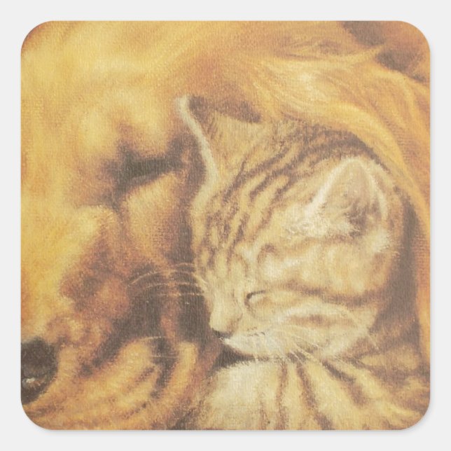 Beautiful Amazing Cat and Dog Cuddling Art Print Square Sticker (Front)