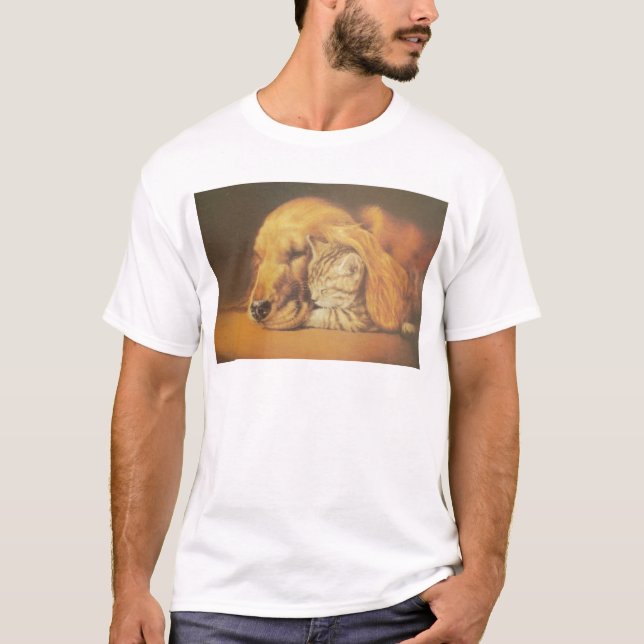Beautiful Amazing Cat and Dog Cuddling Art Print T-Shirt (Front)
