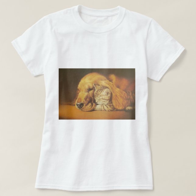 Beautiful Amazing Cat and Dog Cuddling Art Print T-Shirt (Design Front)