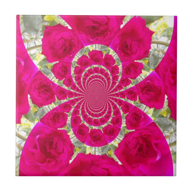 Beautiful Amazing Red Roses Kaleidoscope Pattern Tile (Front)