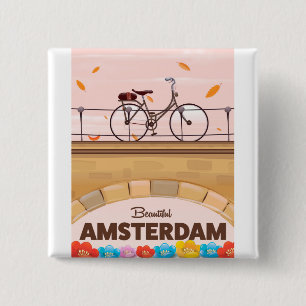 Beautiful Amsterdam cycling travel poster. 2 Inch Square Button