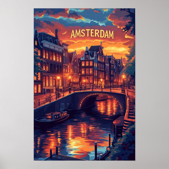 Beautiful Amsterdam Vintage Illustration Travel Poster (Front)