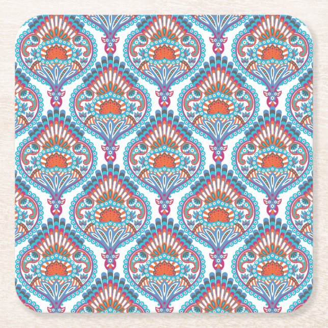 Beautiful and Colourful Ornate Paisley Pattern Square Paper Coaster (Front)