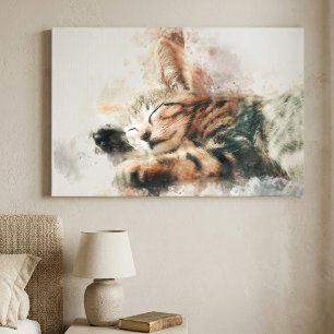 Beautiful and cute kitten sleeping watercolor canvas print