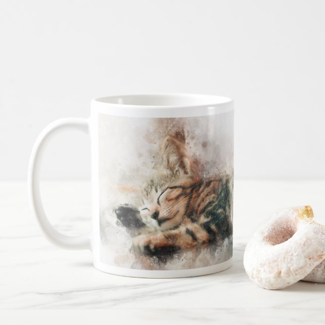 Beautiful and cute kitten sleeping watercolor coffee mug (With Donut)