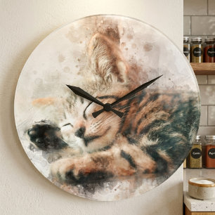 Beautiful and cute kitten sleeping watercolor large clock