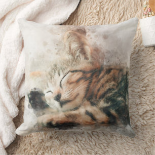 Beautiful and cute kitten sleeping watercolor throw pillow
