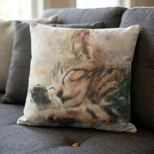 Beautiful and cute kitten sleeping watercolor throw pillow