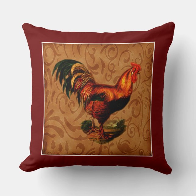 Beautiful and Elegant Country Rooster Throw Pillow (Front)
