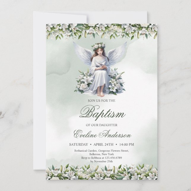 Beautiful angel with dove white lilies Baptism Invitation (Front)