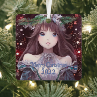 Beautiful Anime Christmas Girl Metal Ornament
