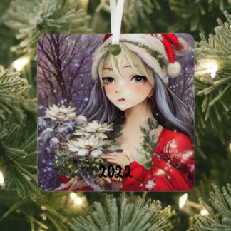 Beautiful Anime Christmas Girl Metal Ornament