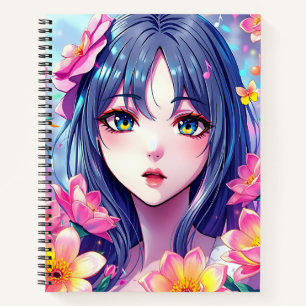 Beautiful Anime Girl and Flowers Notebook