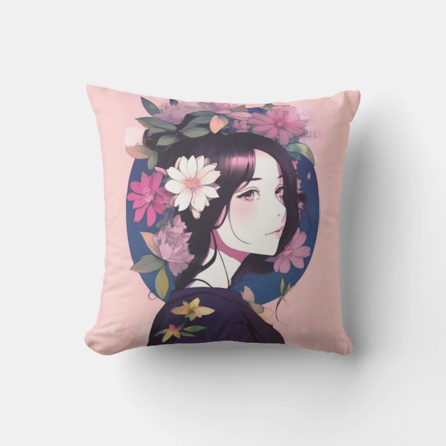 Beautiful Anime Girl Crowned with Flowers Throw Pillow (Front)